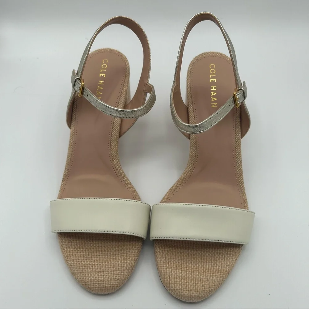 New Cole Haan Women’s Josie Block Heeled Sandal, Ivory/Soft Gold 10 B